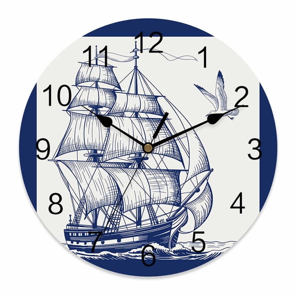 Wall Clock Seagull Sailing Boat Clocks PVC Silent Non-Ticking Battery Operated Decorative Blue Ocean Navigation Round Clock for Home Living Room Kitchen Bedroom Office School Wall Decor 10 Inch