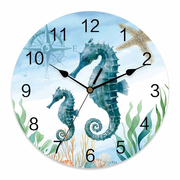 Wall Clock Seahorse Clocks PVC Silent Non-Ticking Battery Operated Decorative Compass Starfish Coral Marine Life Round Clock for Home Living Room Kitchen Bedroom Office School Wall Decor 10 Inch