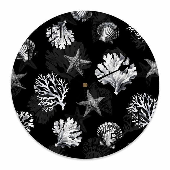 Wall Clock Seaweed Starfish Shell Clocks PVC Silent Non-Ticking Battery Operated Decorative Black Coral Marine Life Round Clock for Home Living Room Kitchen Bedroom Office School Wall Decor 10 Inch