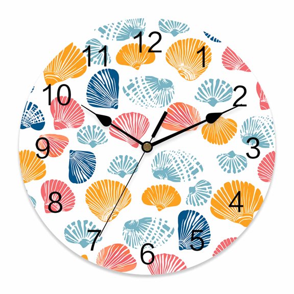 Wall Clock Shell Clocks PVC Silent Non-Ticking Battery Operated Decorative Conch Ocean Marine Life Round Clock for Home Living Room Kitchen Bedroom Office School Wall Decor 10 Inch