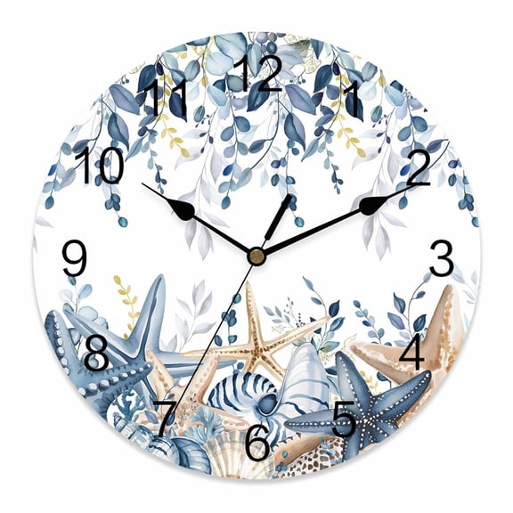 Wall Clock Shell Starfish Clocks PVC Silent Non-Ticking Battery Operated Decorative Conch Berry Eucalyptus Leaves Round Clock for Home Living Room Kitchen Bedroom Office School Wall Decor 10 Inch