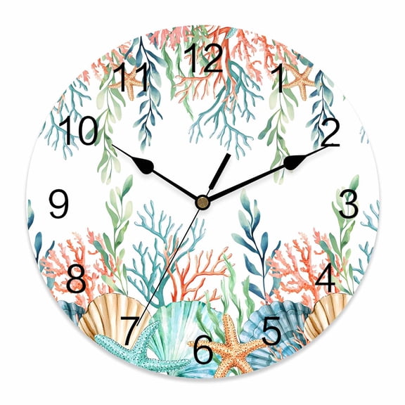 Wall Clock Shell Starfish Clocks PVC Silent Non-Ticking Battery Operated Decorative Ocean Beach Coral Marine Life Round Clock for Home Living Room Kitchen Bedroom Office School Wall Decor 10 Inch