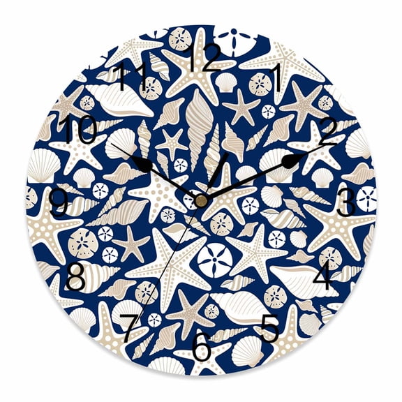 Wall Clock Shell Starfish Clocks PVC Silent Non-Ticking Battery Operated Decorative Ocean Conch Beach Navy Blue Round Clock for Home Living Room Kitchen Bedroom Office School Wall Decor 10 Inch