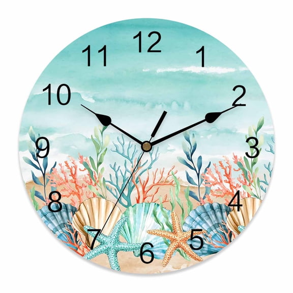 Wall Clock Shell Starfish Clocks PVC Silent Non-Ticking Battery Operated Decorative Ocean Coral Marine Life Teal Round Clock for Home Living Room Kitchen Bedroom Office School Wall Decor 10 Inch