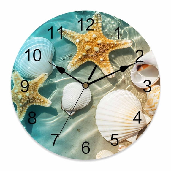 Wall Clock Shell Starfish Clocks PVC Silent Non-Ticking Battery Operated Decorative Teal Blue Summer Beach Round Clock for Home Living Room Kitchen Bedroom Office School Wall Decor 14 Inch