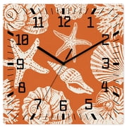 Wall Clock Shell Starfish Operated Square Clocks Wooden Silent Non-Ticking Wallclock 12 Inch Orange Coastal Coral Conch Wood Wall Clock for Living Room Bedroom Office Shool Home Decor