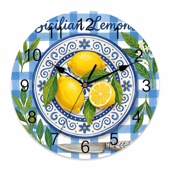 Wall Clock Sicilian Lemon Clocks PVC Silent Non-Ticking Battery Operated Decorative Summer Fruit Plate Blue Plaid Round Clock for Home Living Room Kitchen Bedroom Office School Wall Decor 12 Inch