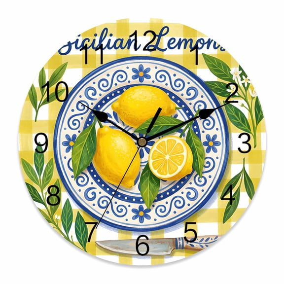Wall Clock Sicilian Lemon Clocks PVC Silent Non-Ticking Battery Operated Decorative Summer Fruit Plate Yellow Plaid Round Clock for Home Living Room Kitchen Bedroom Office School Wall Decor 10 Inch