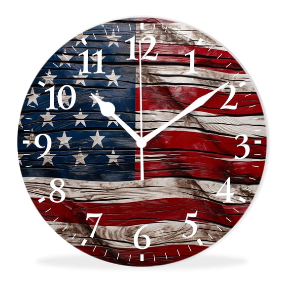Wall Clock Silent Non-Ticking Battery Operated Modern Wall Clocks Decorative for Bathroom Kitchen-American Flag Painted On Wood Wall Image(14inch)
