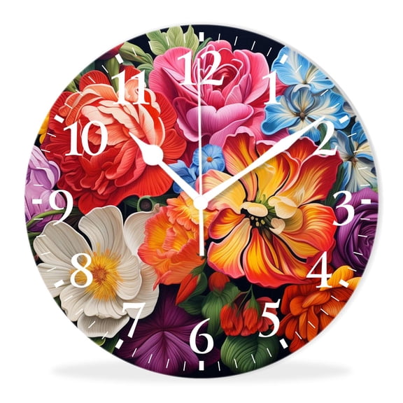 Wall Clock Silent Non-Ticking Battery Operated Modern Wall Clocks Decorative for Bathroom Kitchen-Floral Oil Painting Flowers Design(14inch)