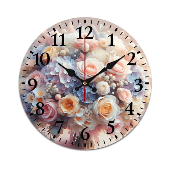 Wall Clock Silent without Ticking-Flower Romantic Pattern Funny Living Room and Kitchen Wall Clock, Battery Powered, Suitable for Home/Office/Classroom/School