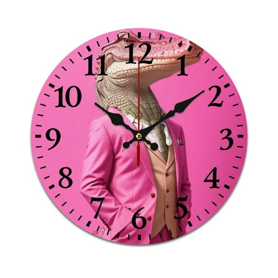Wall Clock Silent without Ticking-Modern Art Animal Pink Suit Crocodile Pattern Funny Living Room and Kitchen Wall Clock, Battery Powered, Suitable for Home/Office/Bedroom/Classroom