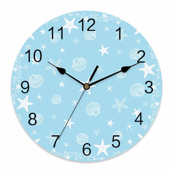 Wall Clock Sky Blue Starfish Shell Clocks PVC Silent Non-Ticking Battery Operated Decorative Coastal Star Ocean Round Clock for Home Living Room Kitchen Bedroom Office School Wall Decor 10 Inch