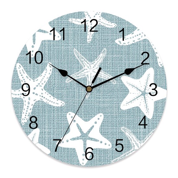 Wall Clock Slate Blue Linen Starfish Clocks PVC Silent Non-Ticking Battery Operated Coastal Ocean Marine Life Round Clock for Home Living Room Kitchen Bedroom Office School Wall Decor 14 Inch