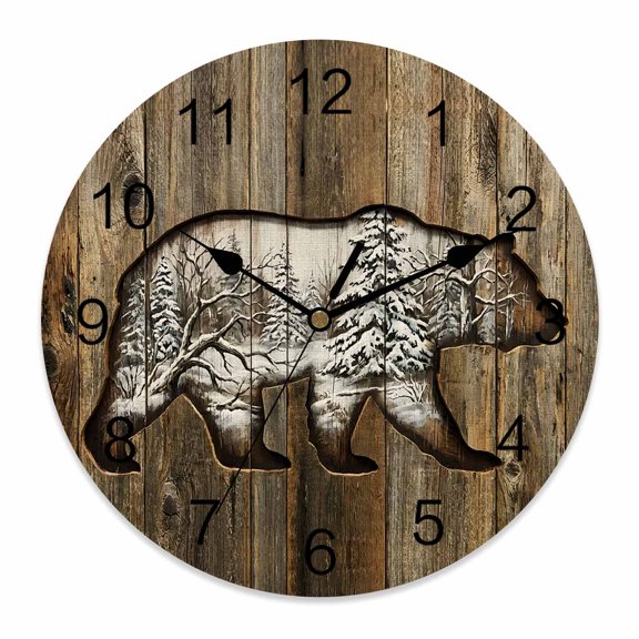 Wall Clock Snowy Forest Bear Clocks PVC Silent Non-Ticking Battery Operated Decorative Animal Brown Wood Grain Round Clock for Home Living Room Kitchen Bedroom Office School Wall Decor 10 Inch