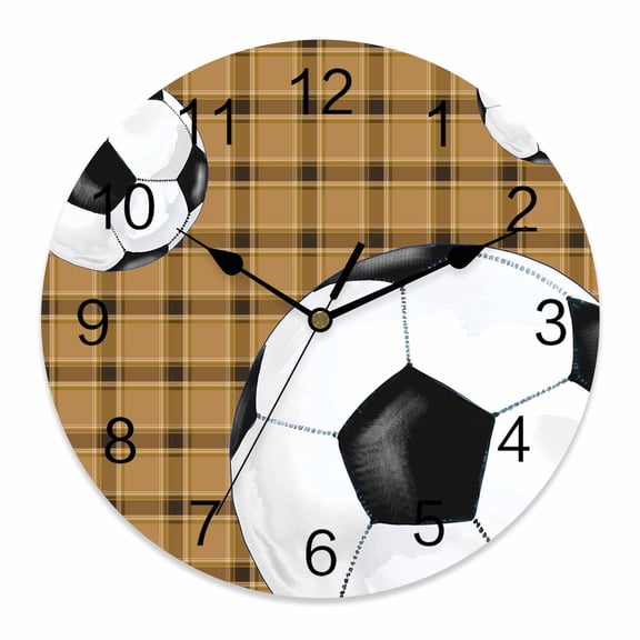 Wall Clock Soccer Balls Clocks PVC Silent Non-Ticking Battery Operated Decorative Sports Yellow Buffalo Plaid Round Clock for Home Living Room Kitchen Bedroom Office School Wall Decor 10 Inch