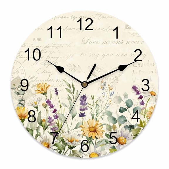 Wall Clock Spring Floral Clocks PVC Silent Non-Ticking Battery Operated Decorative Green Leaves Daisy Flower Vintage Round Clock for Home Living Room Kitchen Bedroom Office School Wall Decor 10 Inch