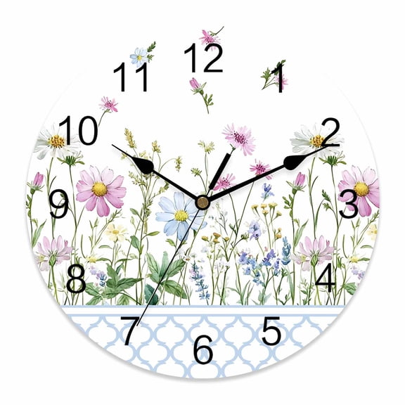 Wall Clock Spring Flowers Clocks PVC Silent Non-Ticking Battery Operated Daisy Floral Blue Morrocan Pattern Round Clock for Home Living Room Kitchen Bedroom Office School Wall Decor 10 Inch