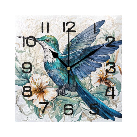 Wall Clock Square Silent Non-Ticking Bird and Lily Flower Retro Battery Operated Clock 7.78 inch Home Kitchen Office Decoration