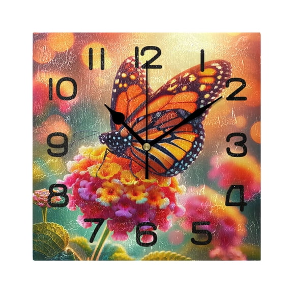 Wall Clock Square Silent Non-Ticking Butterfly on Flower Retro Battery Operated Clock 7.78 inch Home Kitchen Office Decoration