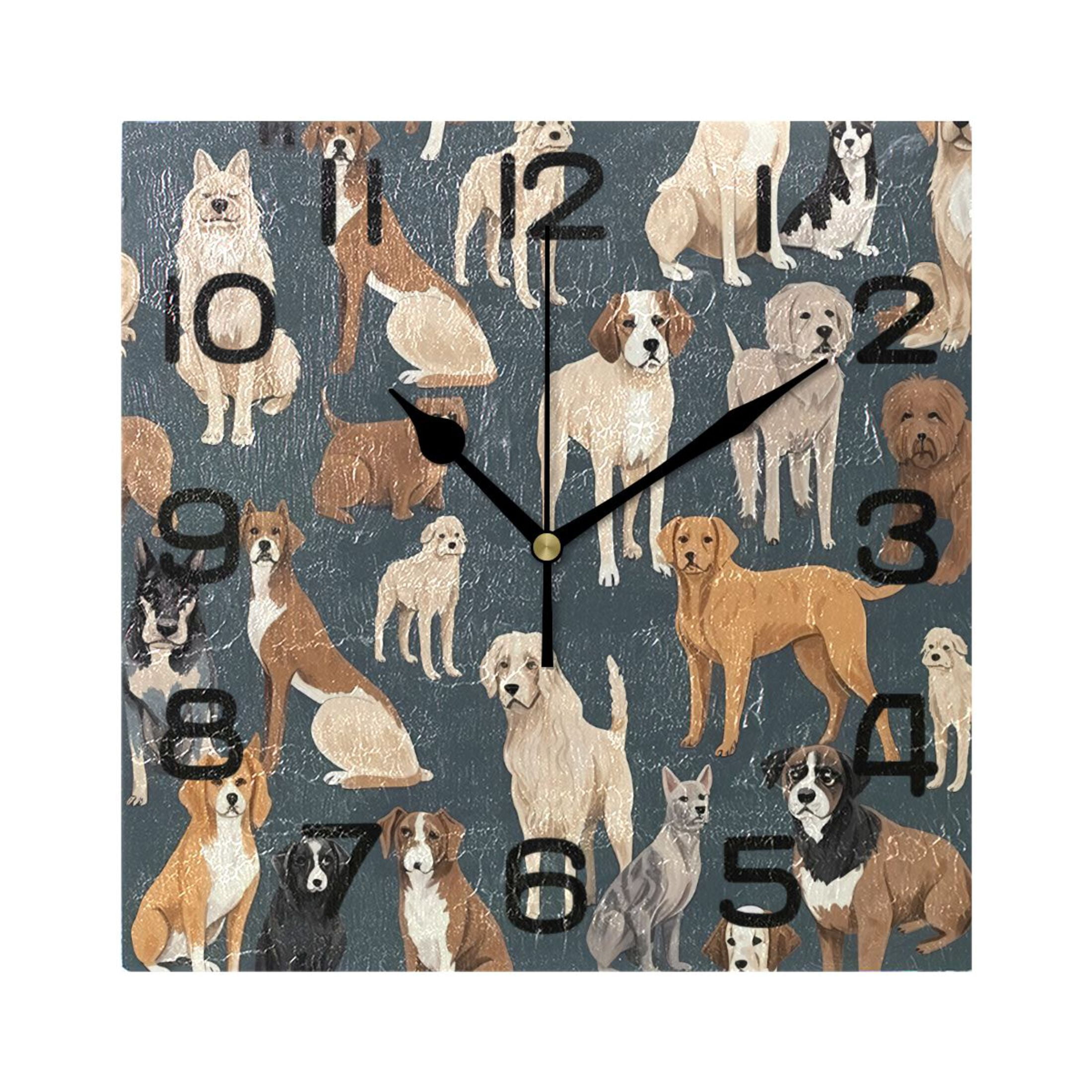 Wall Clock Square Silent Non-Ticking Cartoon Dogs Cute Retro Battery ...