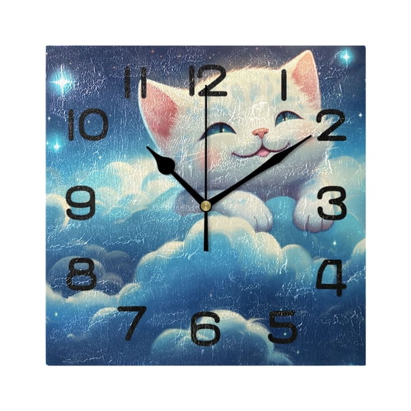 Wall Clock Square Silent Non-Ticking Cute Cartoon Cat on Clouds Retro Battery Operated Clock 7.78 inch Home Kitchen Office Decoration