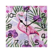 Wall Clock Square Silent Non-Ticking Flamingo in Flowers Retro Battery Operated Clock 7.78 inch Home Kitchen Office Decoration