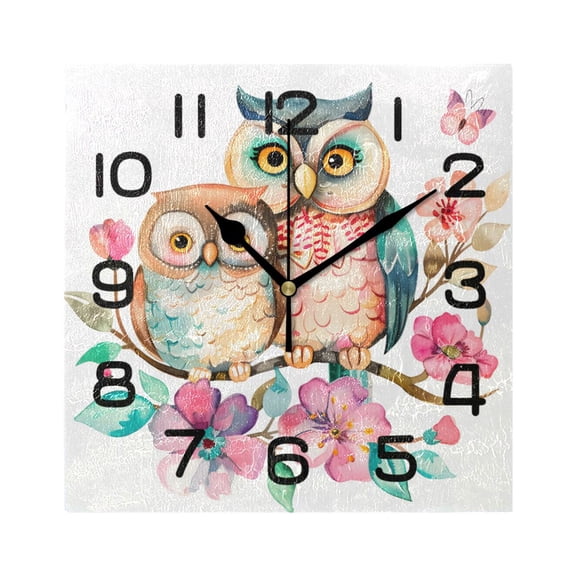 Wall Clock Square Silent Non-Ticking Owl Couple on Branch Retro Battery Operated Clock 7.78 inch Home Kitchen Office Decoration