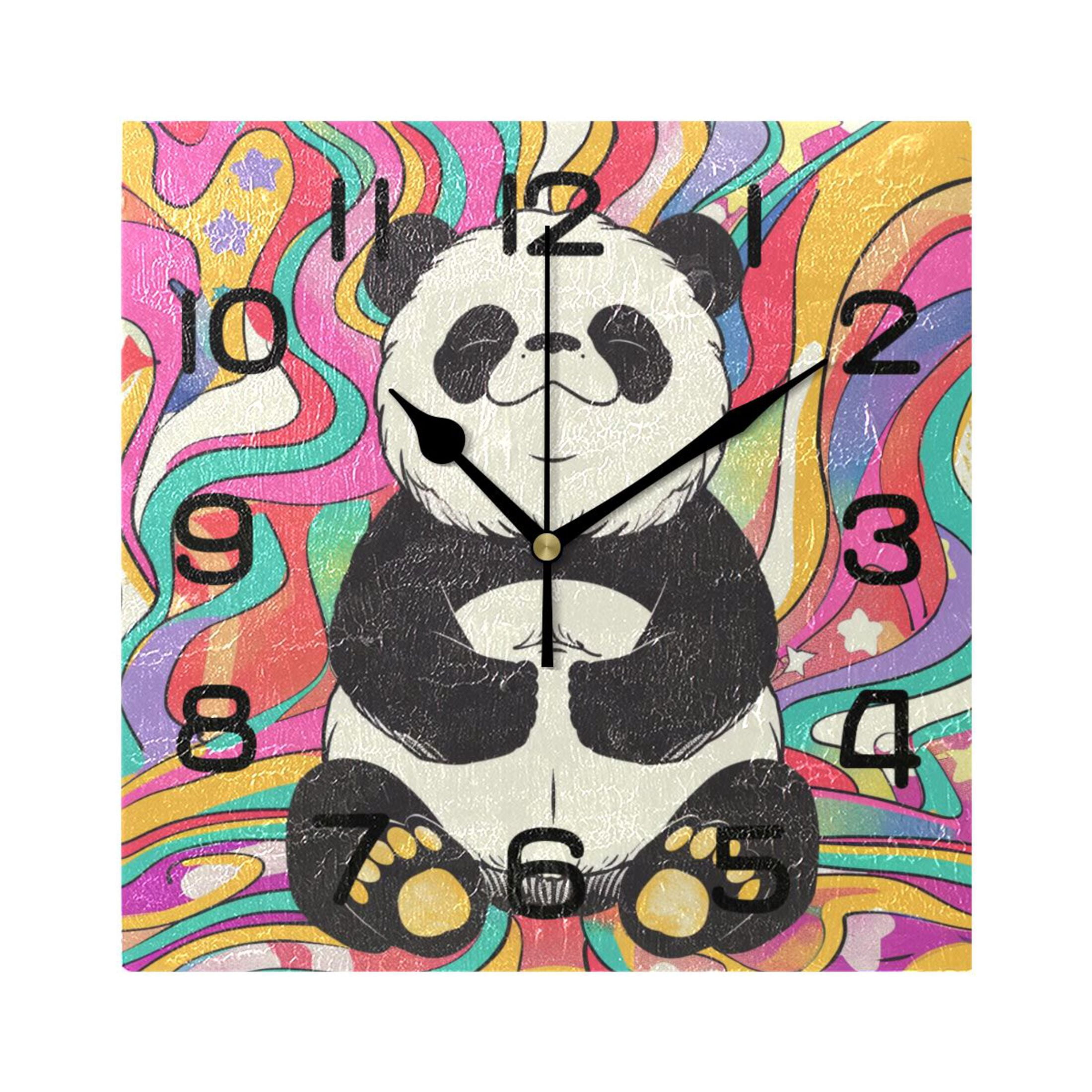 Wall Clock Square Silent Non-Ticking Panda on Colorful Background Retro ...