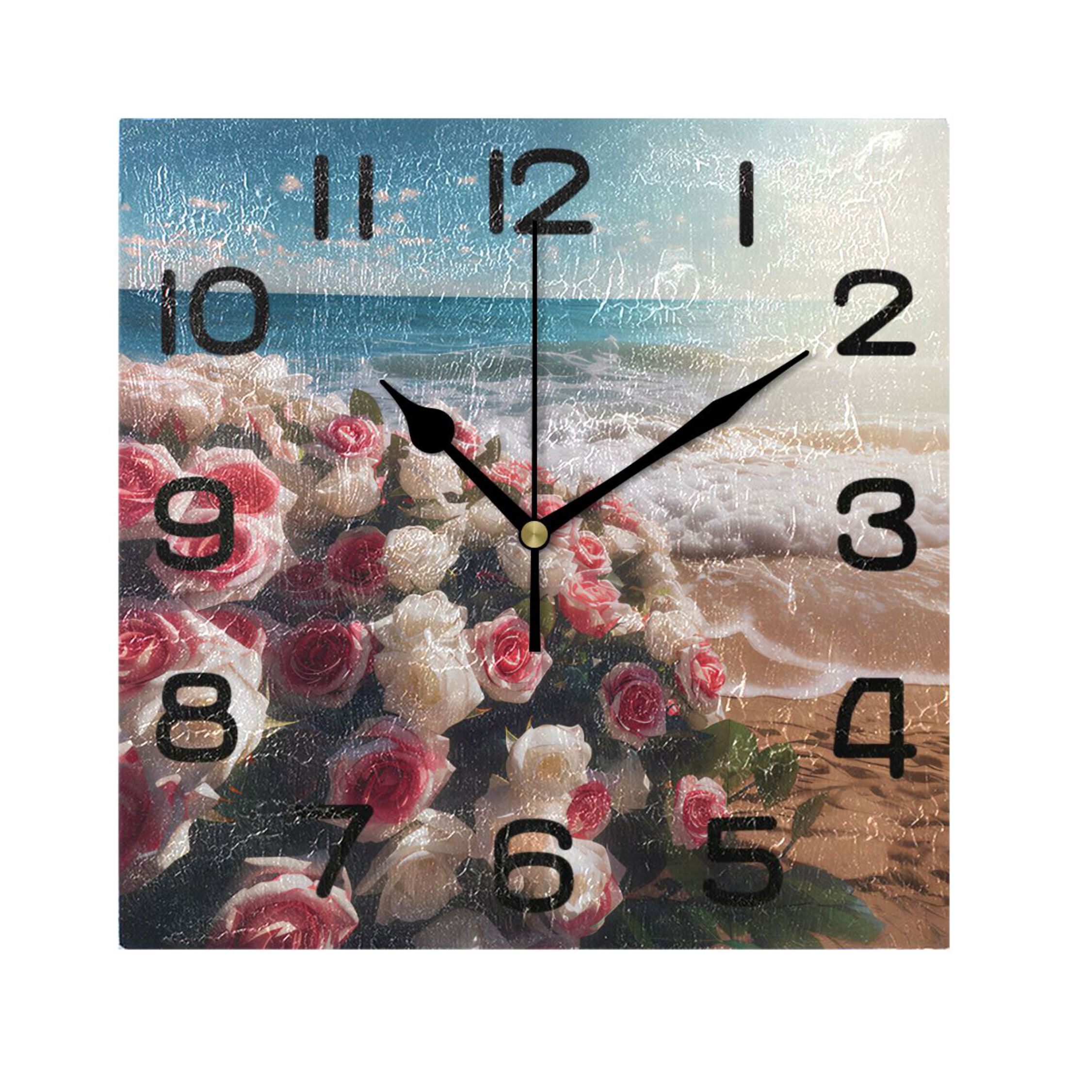 Pink Clock Square Wall Clock Square Silent Non-Ticking Pink Rose Flowers on Beach Retro ...
