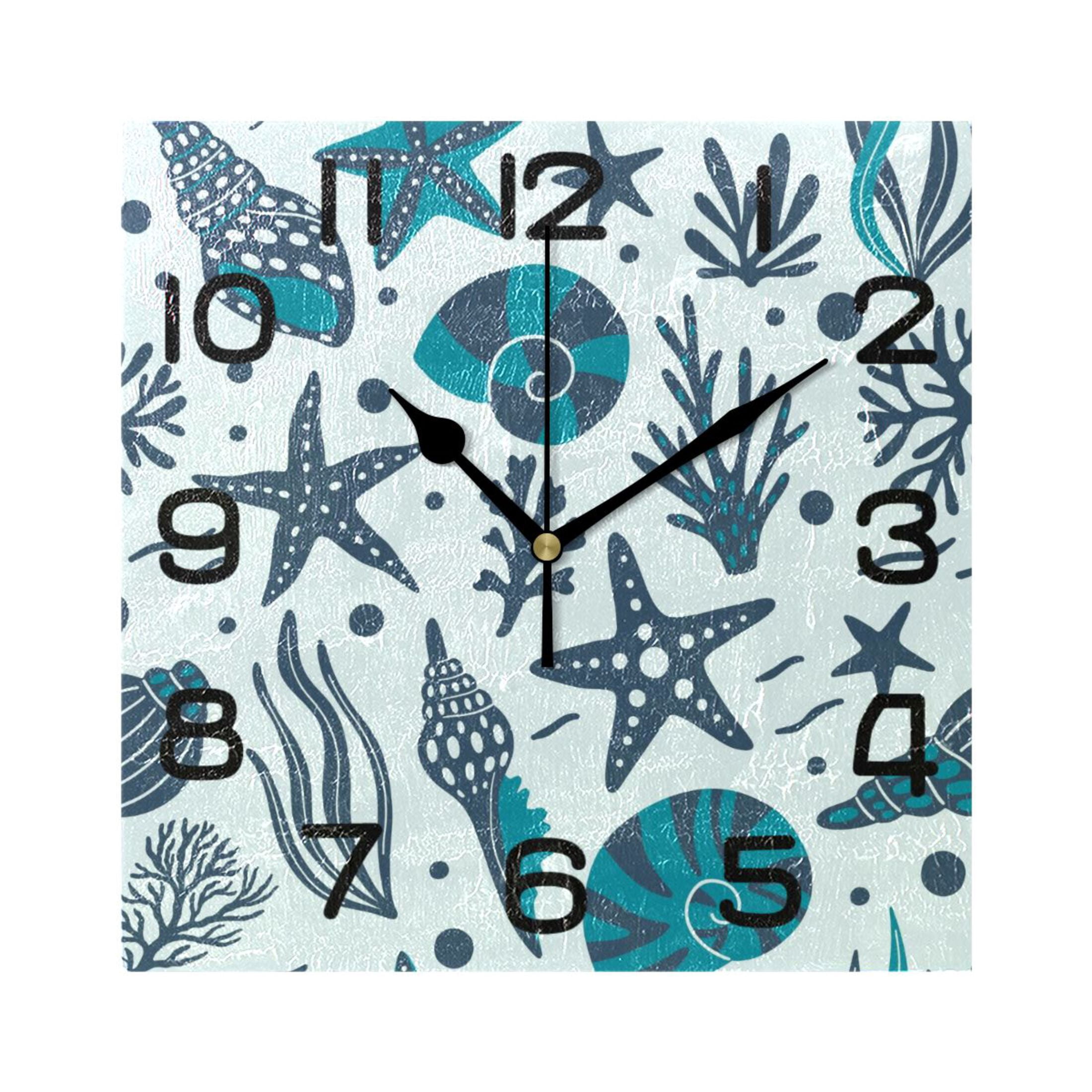 Wall Clock Square Silent Non-Ticking Seashells Starfish Corals Seaweeds ...