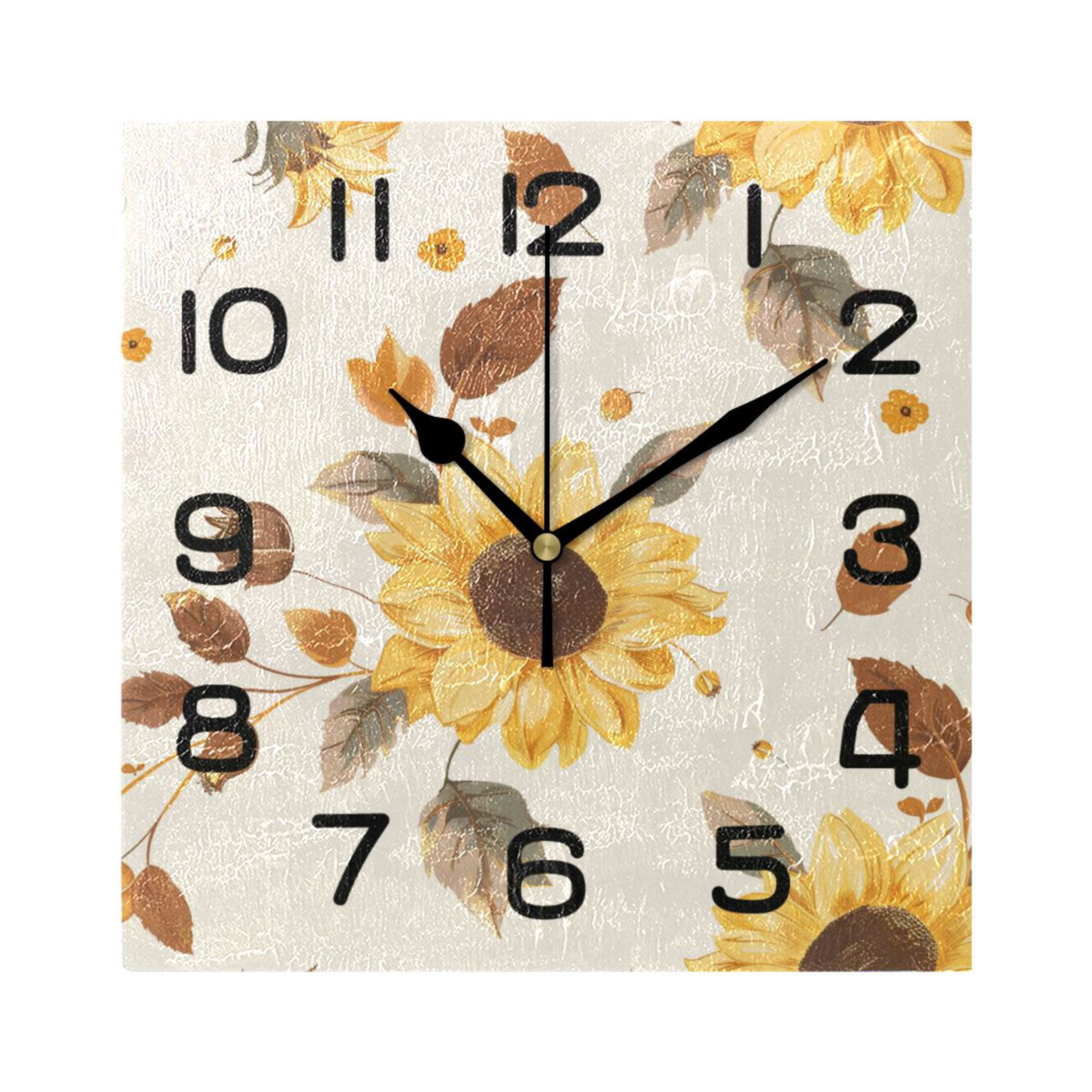 Wall Clock Square Silent Non-Ticking Sunflower with Fall Leaves Retro ...