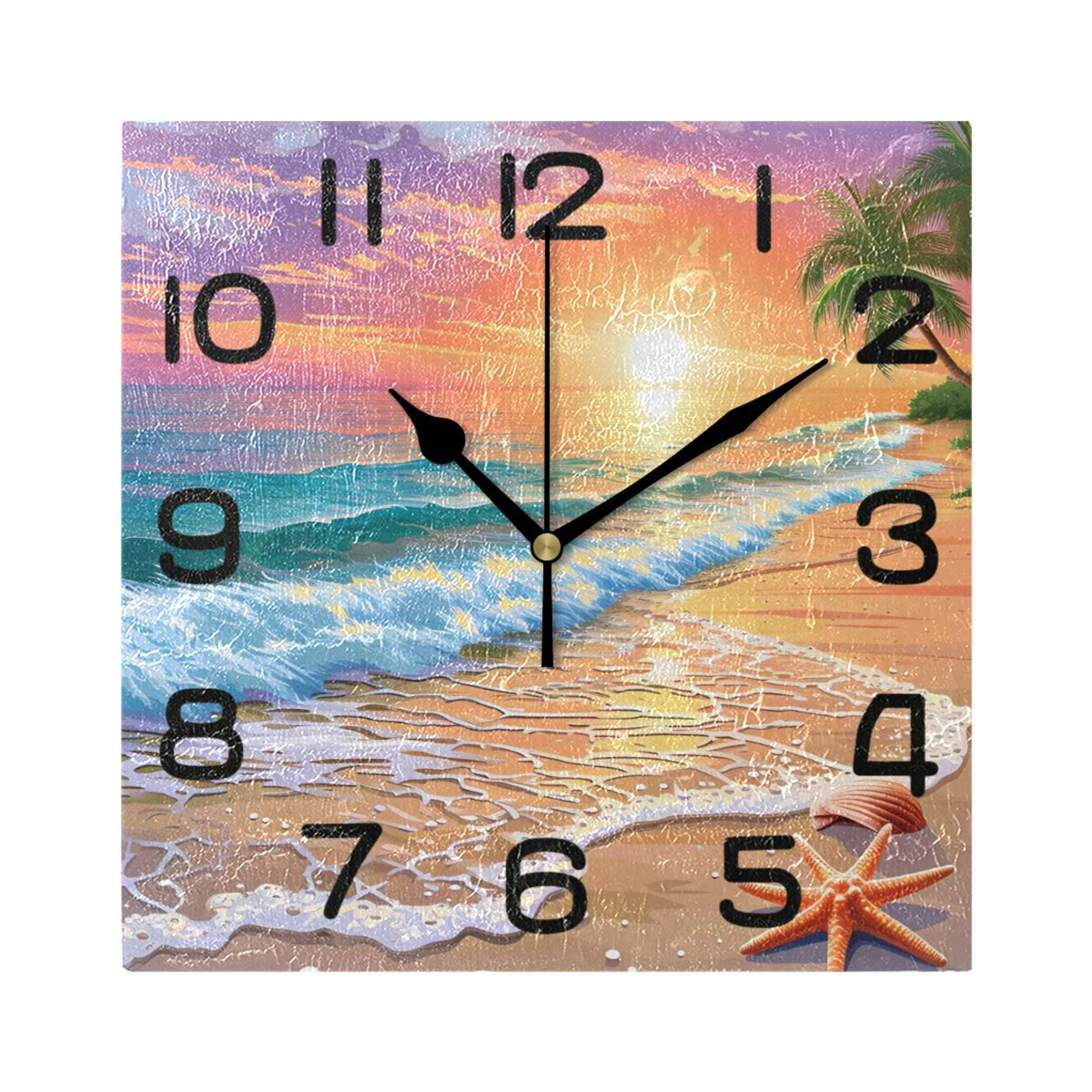 Wall Clock Square Silent Non-Ticking Sunset Beach Seastar Palm Tree ...