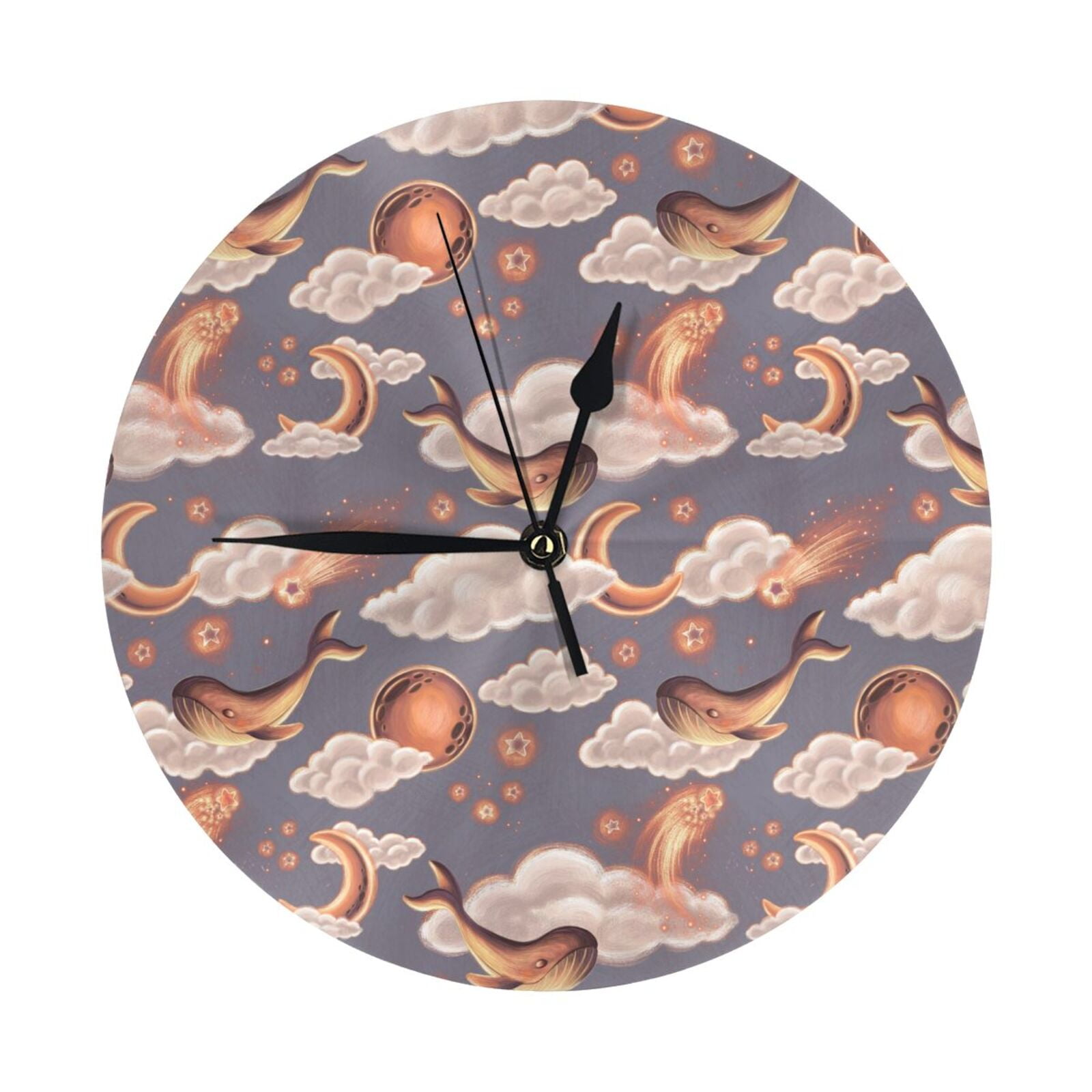 Wall Clock Star moon clouds Whales texture Wall Clocks Battery Operated ...