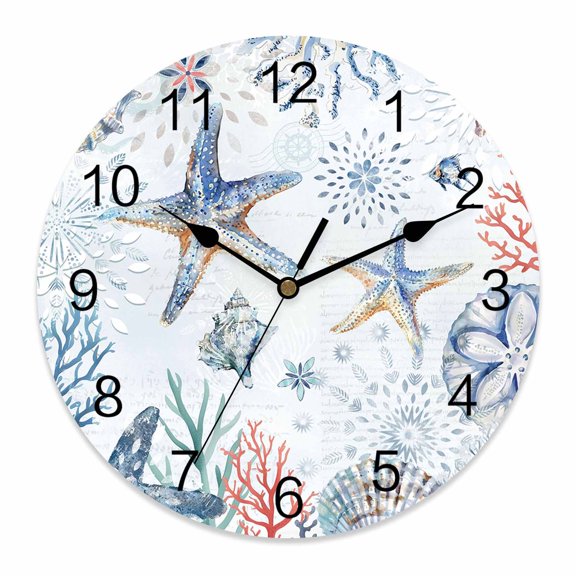 Wall Clock Starfish Clocks PVC Silent Non-Ticking Battery Operated Decorative Shell Coral Fish Marine Life Round Clock for Home Living Room Kitchen Bedroom Office School Wall Decor 10 Inch