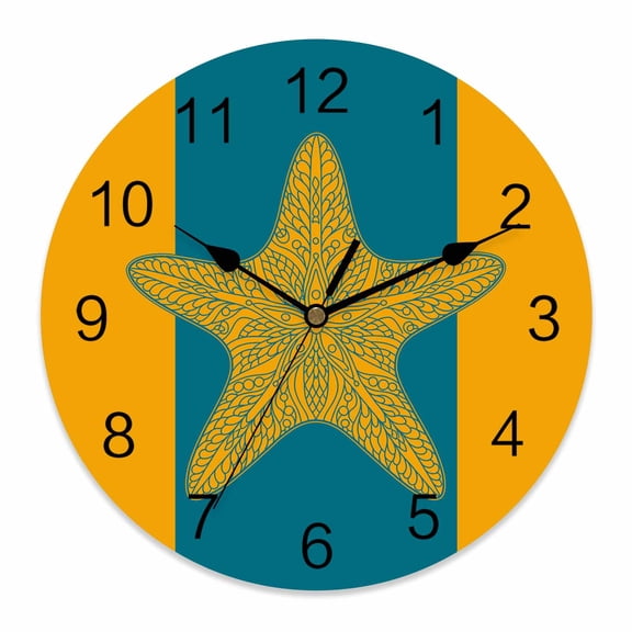 Wall Clock Starfish Clocks PVC Silent Non-Ticking Battery Operated Decorative Turquoise Yellow Stripes Lines Round Clock for Home Living Room Kitchen Bedroom Office School Wall Decor 10 Inch