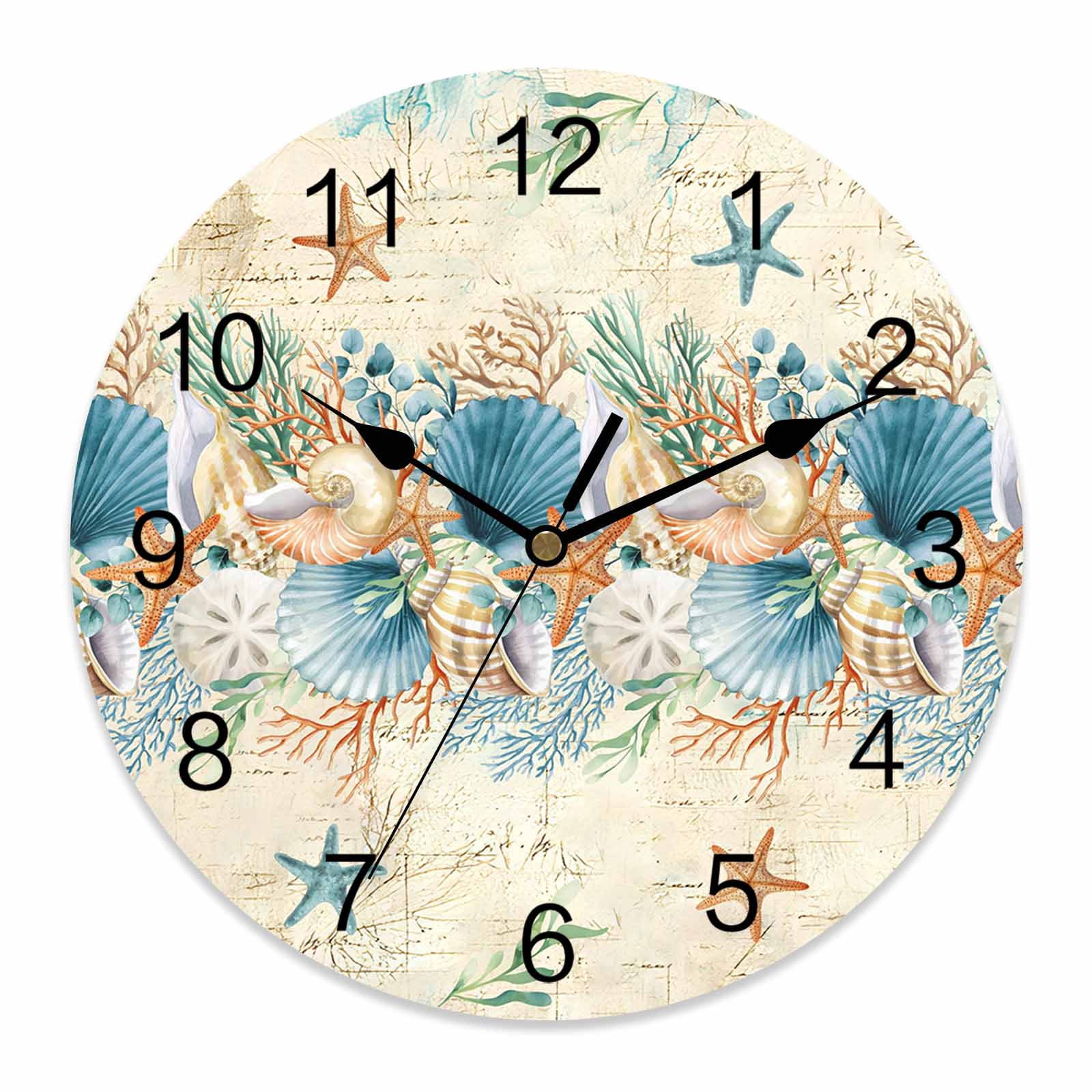 Wall Clock Starfish Conch Shell Clocks PVC Silent Non-Ticking Battery ...