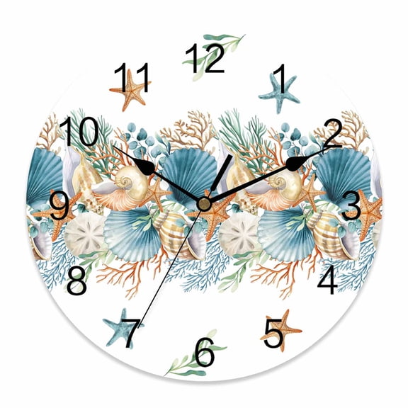 Wall Clock Starfish Conch Shell Clocks PVC Silent Non-Ticking Battery Operated Decorative Ocean Coral Seagrass Round Clock for Home Living Room Kitchen Bedroom Office School Wall Decor 10 Inch