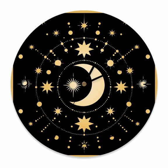Wall Clock Stars Moon Clocks PVC Silent Non-Ticking Battery Operated Decorative Black Bohemian Gorgeous Starry Night Round Clock for Home Living Room Kitchen Bedroom Office School Wall Decor 10 Inch