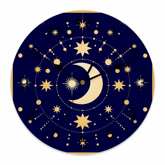 Wall Clock Stars Moon Clocks PVC Silent Non-Ticking Battery Operated Decorative Blue Bohemian Gorgeous Starry Night Round Clock for Home Living Room Kitchen Bedroom Office School Wall Decor 10 Inch