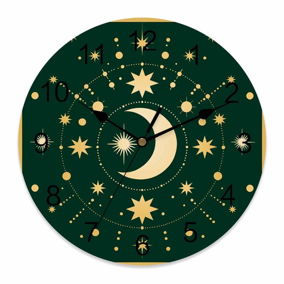Wall Clock Stars Moon Clocks PVC Silent Non-Ticking Battery Operated Decorative Green Bohemian Gorgeous Starry Night Round Clock for Home Living Room Kitchen Bedroom Office School Wall Decor 10 Inch