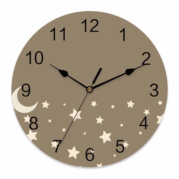 Wall Clock Stars Moon Clocks PVC Silent Non-Ticking Battery Operated Decorative Starry Night Khaki Round Clock for Home Living Room Kitchen Bedroom Office School Wall Decor 10 Inch