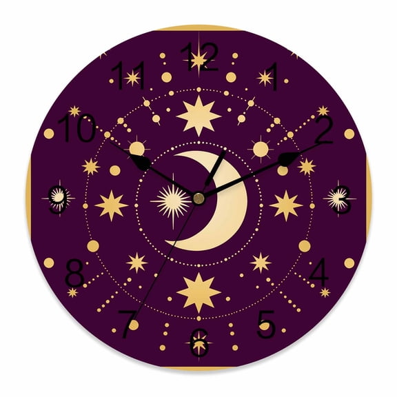 Wall Clock Stars Moon Clocks PVC Silent Non-Ticking Battery Operated Purple Bohemian Gorgeous Starry Night Round Clock for Home Living Room Kitchen Bedroom Office School Wall Decor 10 Inch