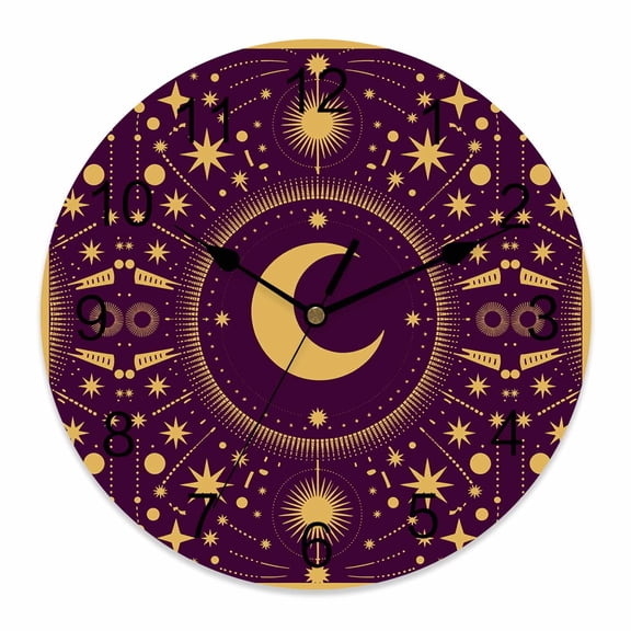 Wall Clock Stars Moon Clocks PVC Silent Non-Ticking Battery Operated Purple Geometric Gorgeous Starry Night Round Clock for Home Living Room Kitchen Bedroom Office School Wall Decor 10 Inch