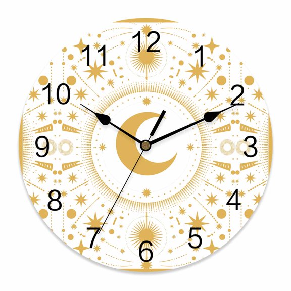 Wall Clock Stars Moon Clocks PVC Silent Non-Ticking Battery Operated Yellow Geometric Gorgeous Starry Night Round Clock for Home Living Room Kitchen Bedroom Office School Wall Decor 10 Inch