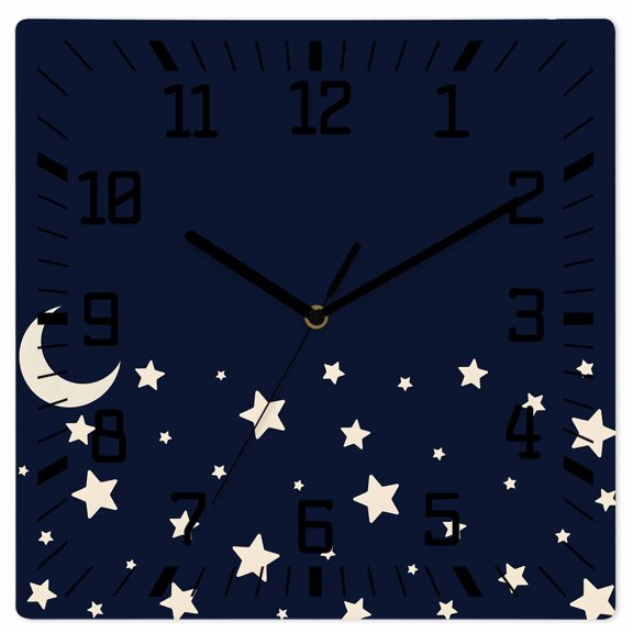 Wall Clock Stars Moon Operated Square Clocks Wooden Silent Non-Ticking Wallclock 12 Inch Starry Night Navy Blue Wood Wall Clock for Living Room Bedroom Office Shool Home Decor