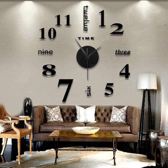 Wall Clock Sticker, TOUMENY DIY Large Frameless Silent Wall Mute Clock Mirror Sticker, Self-Adhesive EVA Foam Arabic Numeral Clock for Home Office Coffee Shop Decor, Black