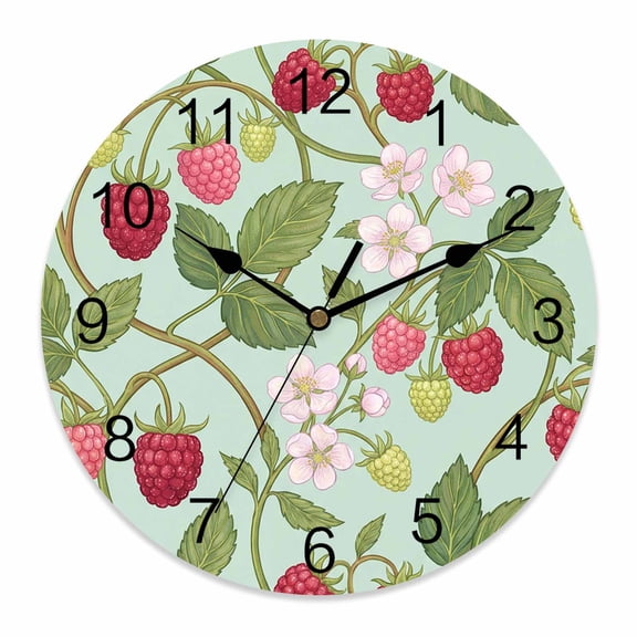Wall Clock Strawberry Clocks PVC Silent Non-Ticking Battery Operated Decorative Fruit Green Growing Vines Flower Round Clock for Home Living Room Kitchen Bedroom Office School Wall Decor 12 Inch