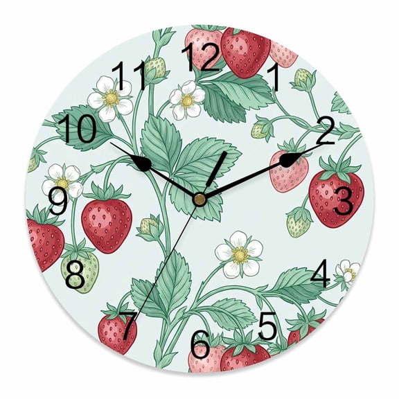 Wall Clock Strawberry Clocks PVC Silent Non-Ticking Battery Operated Decorative Red Fruit Growing Vines Flower Round Clock for Home Living Room Kitchen Bedroom Office School Wall Decor 10 Inch
