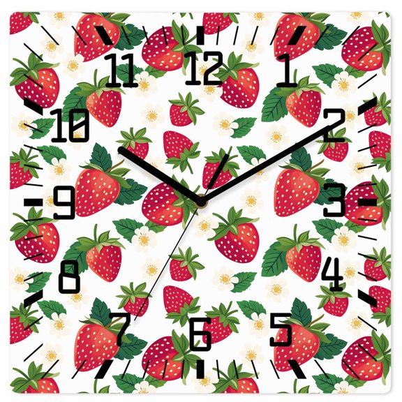 Wall Clock Strawberry Operated Square Clocks Wooden Silent Non-Ticking Wallclock 10 Inch Cute Floral Fruit Wood Wall Clock for Living Room Bedroom Office Shool Home Decor